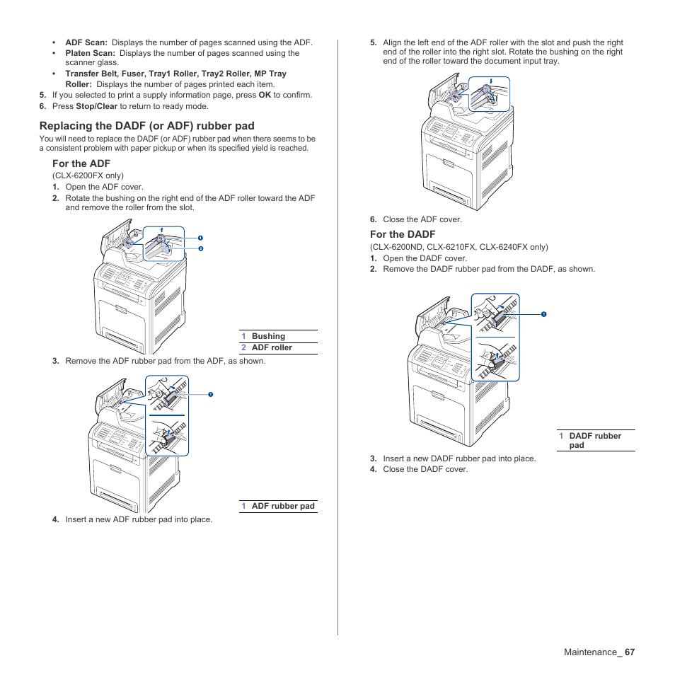 Replacing the dadf (or adf) rubber pad | Samsung CLX-6240 Series User Manual | Page 67 / 157