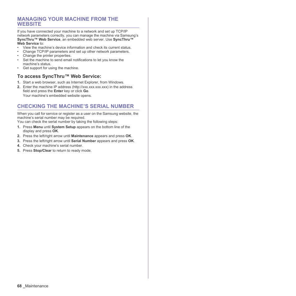 Managing your machine from the website, To access syncthru™ web service, Checking the machine’s serial number | 68 managing your machine from the website, To access sync, 68 checking the machine’s serial number | Samsung CLX-6240 Series User Manual | Page 68 / 157