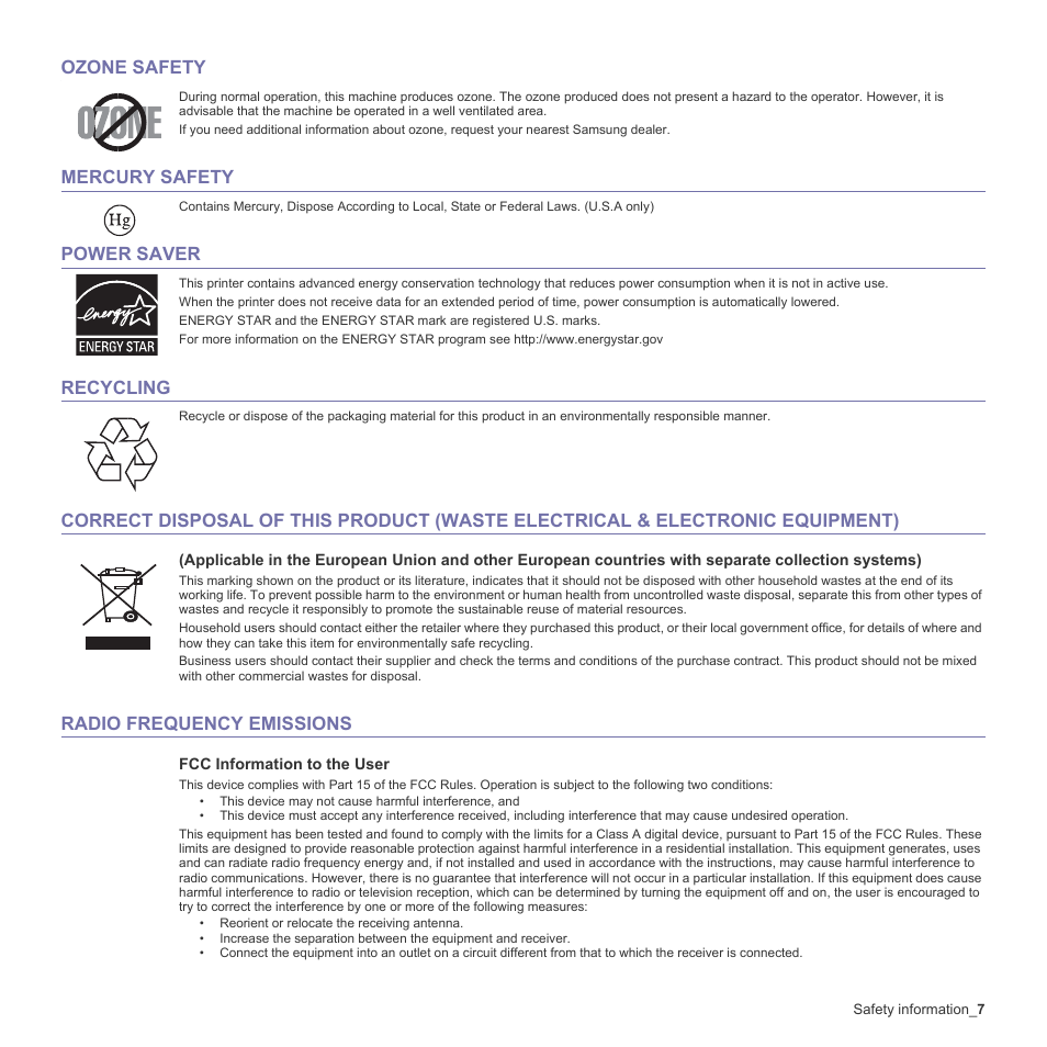 Ozone safety, Mercury safety, Power saver | Recycling, Radio frequency emissions | Samsung CLX-6240 Series User Manual | Page 7 / 157