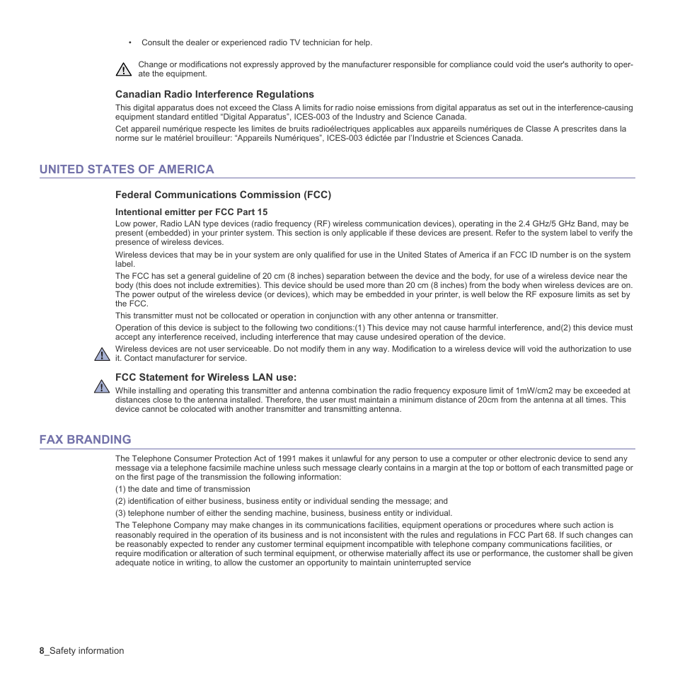 United states of america, Fax branding | Samsung CLX-6240 Series User Manual | Page 8 / 157