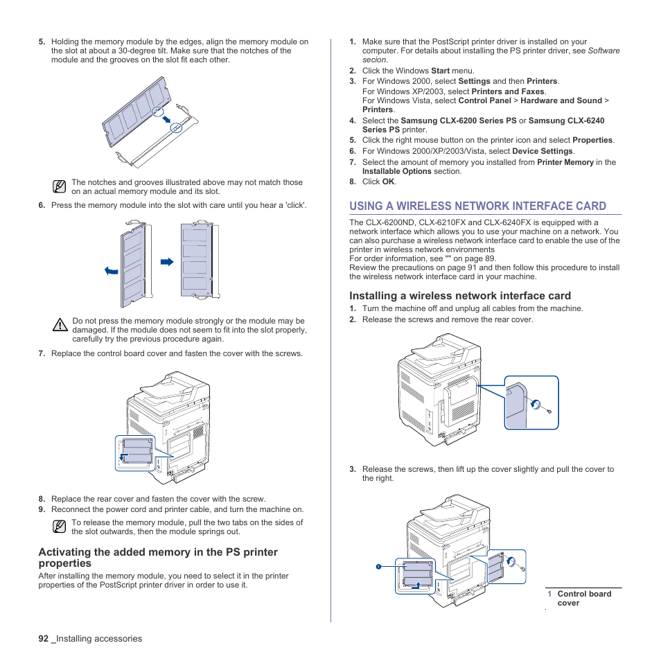 Using a wireless network interface card, Installing a wireless network interface card, 92 using a wireless network interface card | Samsung CLX-6240 Series User Manual | Page 92 / 157