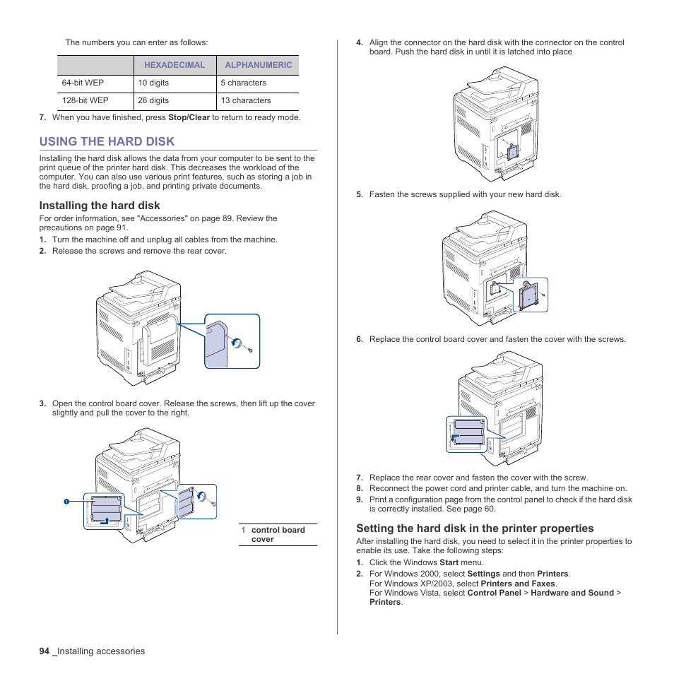 Using the hard disk, Installing the hard disk, Setting the hard disk in the printer properties | 94 using the hard disk | Samsung CLX-6240 Series User Manual | Page 94 / 157