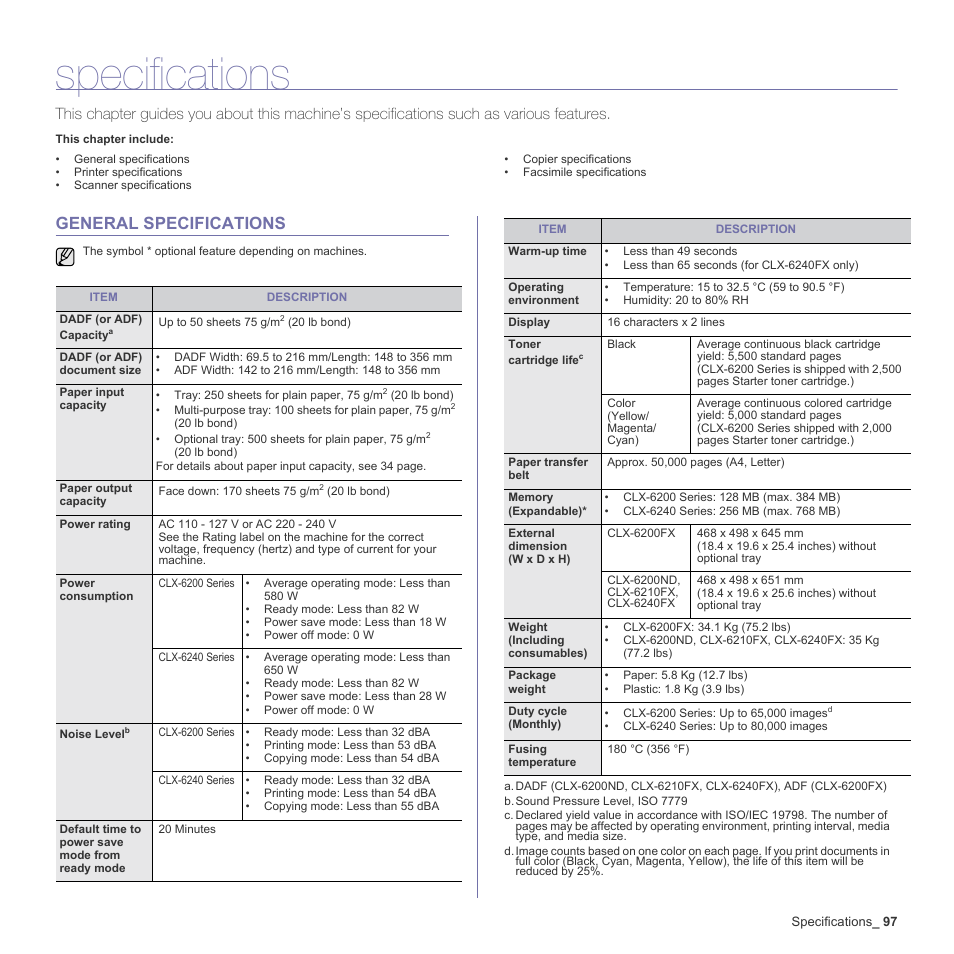 Specifications, General specifications, 97 general specifications | Samsung CLX-6240 Series User Manual | Page 97 / 157