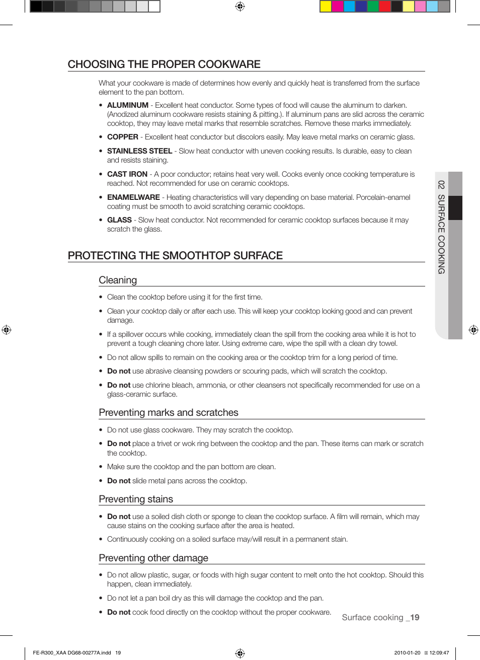 Choosing the proper cookware, Protecting the smoothtop surface, Cleaning | Preventing marks and scratches, Preventing stains, Preventing other damage | Samsung FER300 User Manual | Page 19 / 44