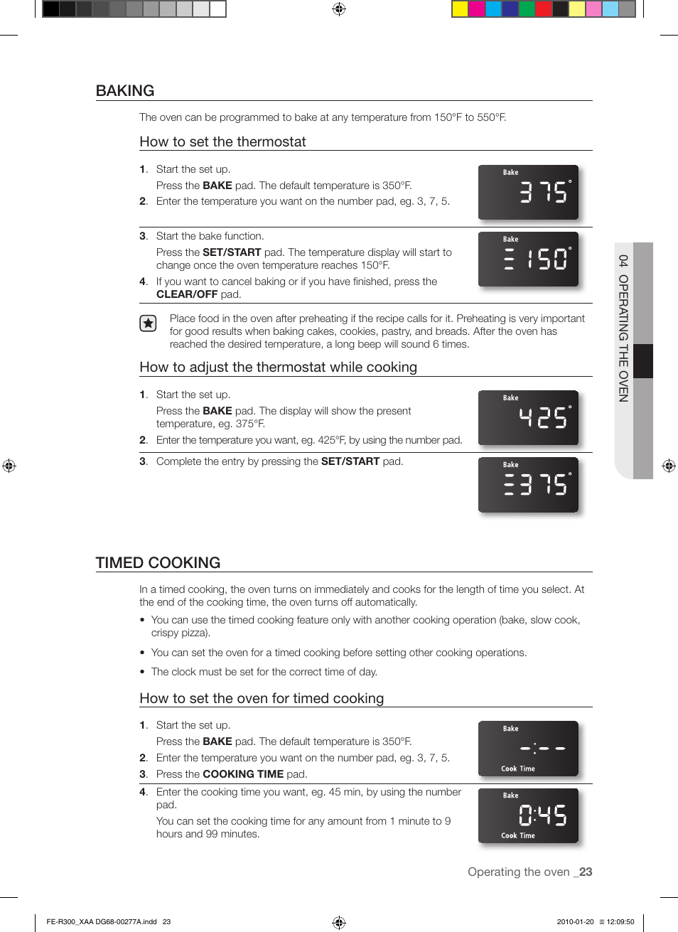 Baking, Timed cooking, How to set the thermostat | How to adjust the thermostat while cooking, How to set the oven for timed cooking | Samsung FER300 User Manual | Page 23 / 44