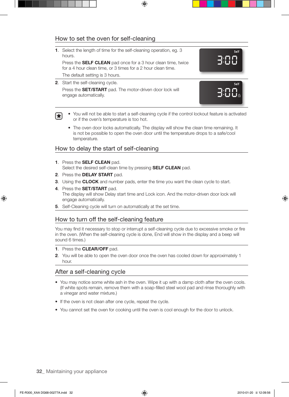 How to set the oven for self-cleaning, How to delay the start of self-cleaning, How to turn off the self-cleaning feature | After a self-cleaning cycle | Samsung FER300 User Manual | Page 32 / 44