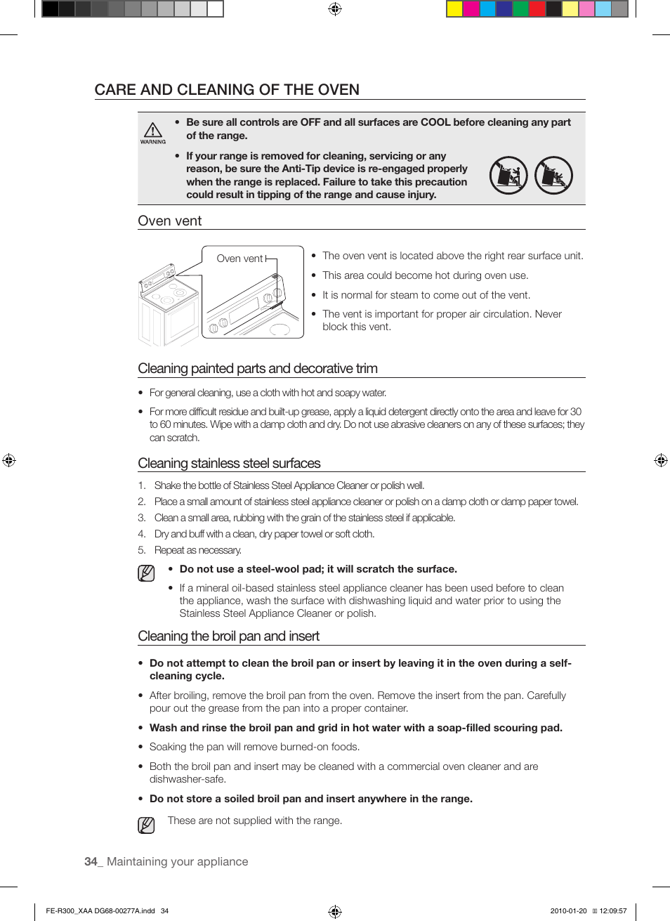 Care and cleaning of the oven, Oven vent, Cleaning painted parts and decorative trim | Cleaning stainless steel surfaces, Cleaning the broil pan and insert | Samsung FER300 User Manual | Page 34 / 44