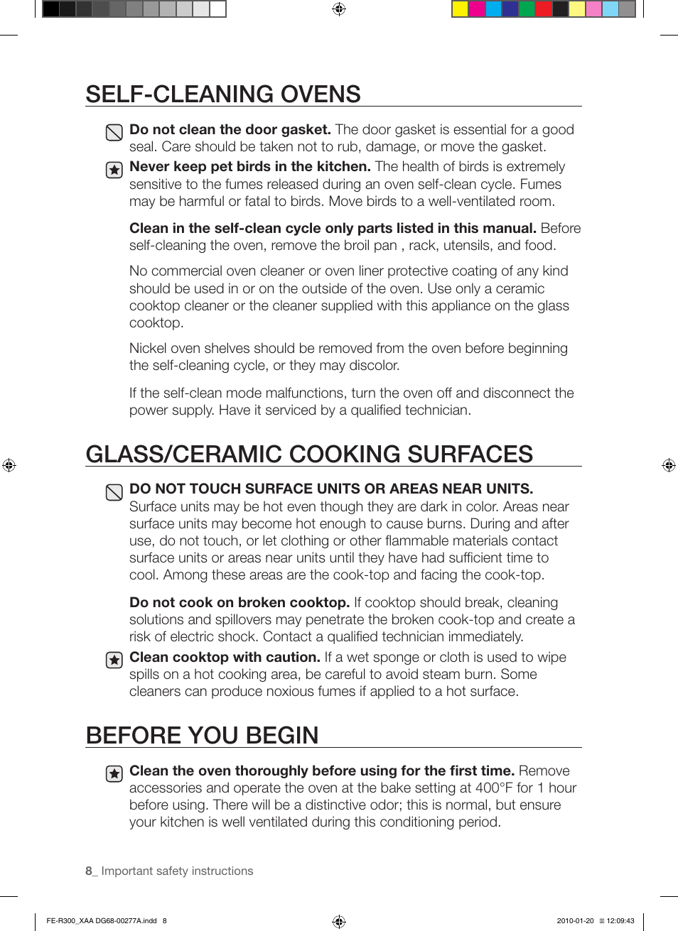 Self-cleaning ovens, Glass/ceramic cooking surfaces, Before you begin | Samsung FER300 User Manual | Page 8 / 44