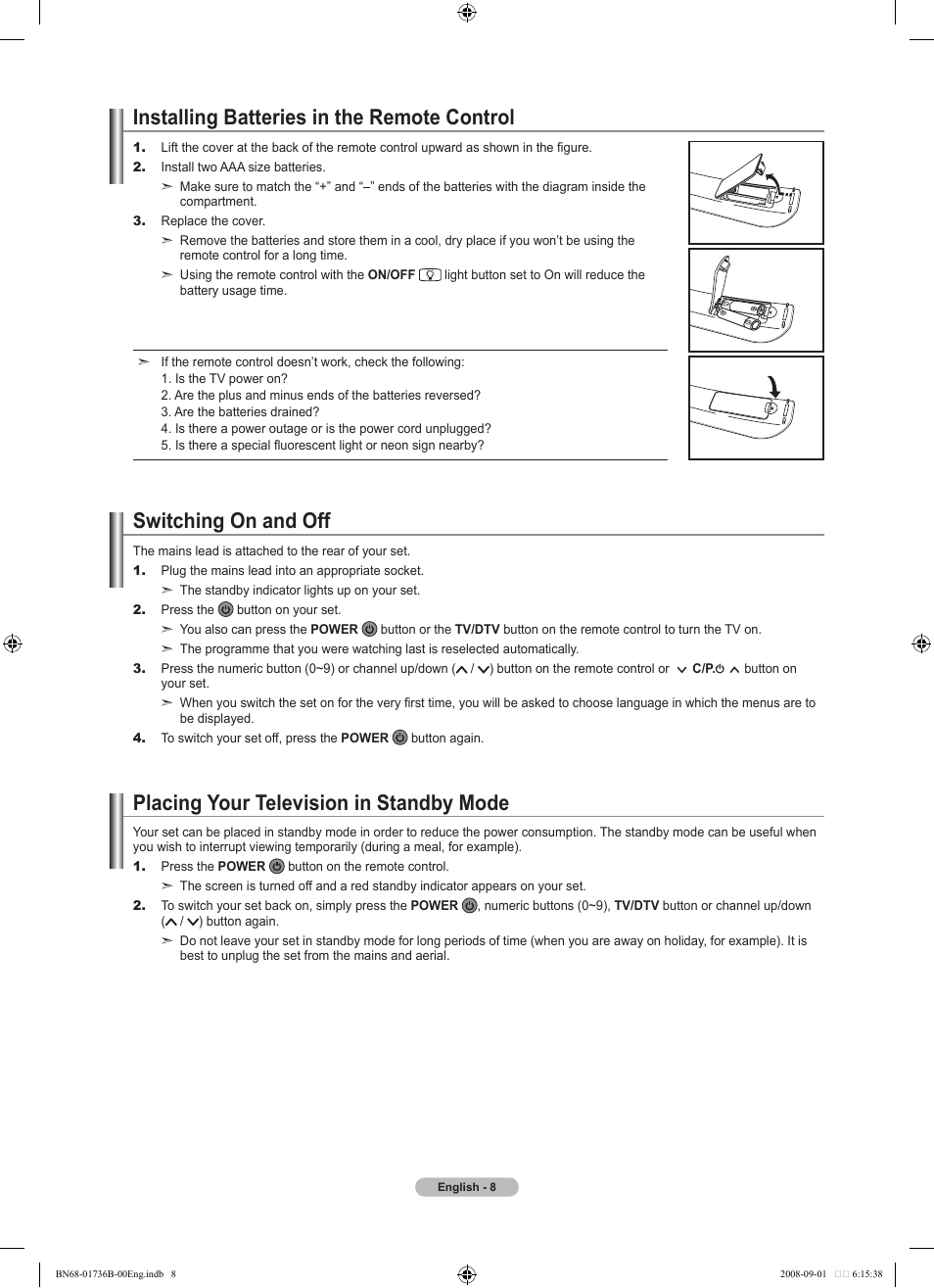 Installing batteries in the remote control, Switching on and off, Placing your television in standby mode | Samsung BN68-01736B-00 User Manual | Page 10 / 81