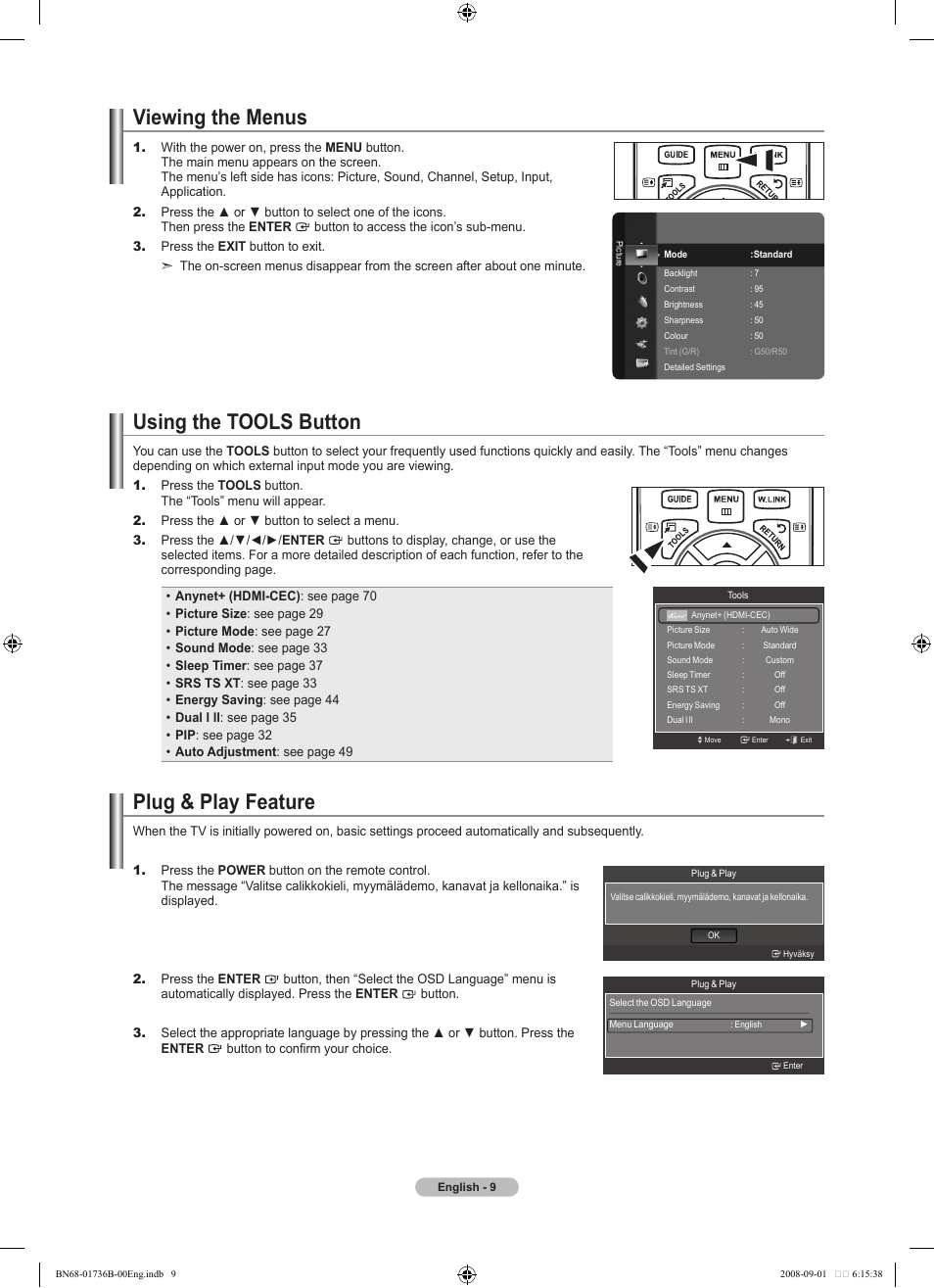 Viewing the menus, Using the tools button, Plug & play feature | Samsung BN68-01736B-00 User Manual | Page 11 / 81