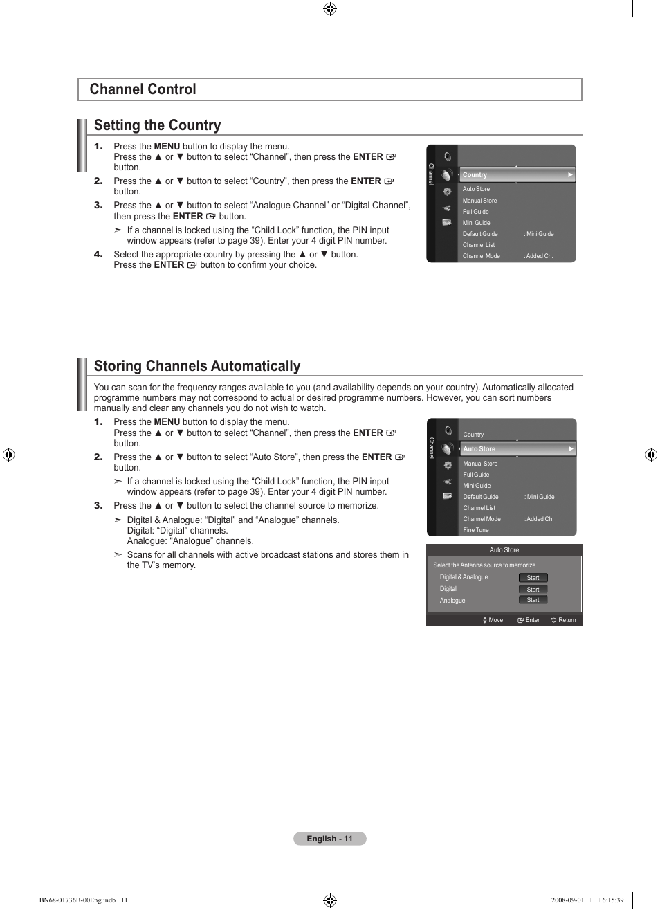 Channel control, Setting the country, Storing channels automatically | Channel control setting the country | Samsung BN68-01736B-00 User Manual | Page 13 / 81