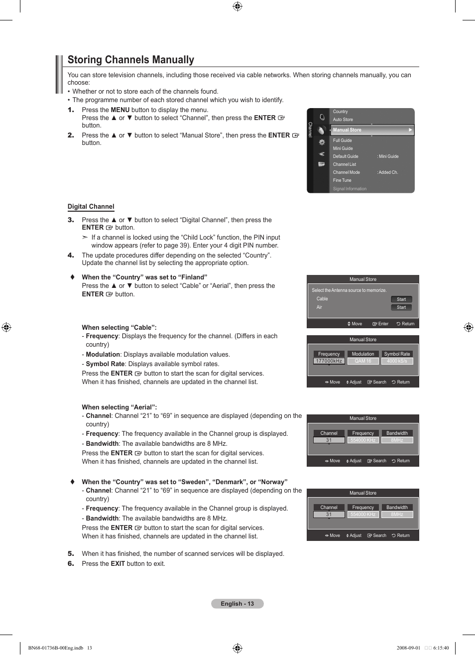 Storing channels manually | Samsung BN68-01736B-00 User Manual | Page 15 / 81