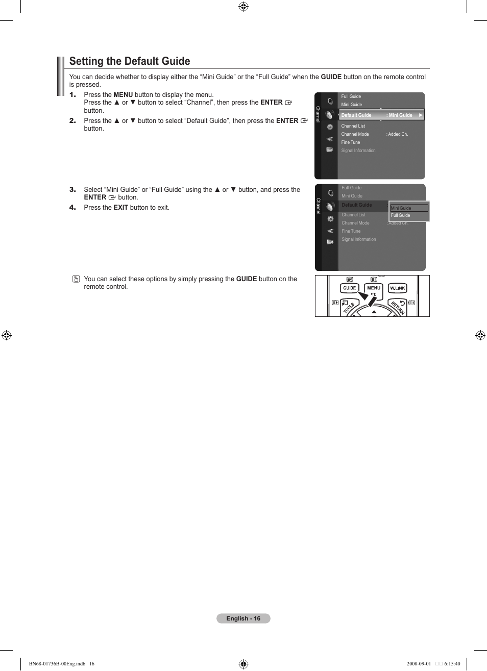 Setting the default guide | Samsung BN68-01736B-00 User Manual | Page 18 / 81