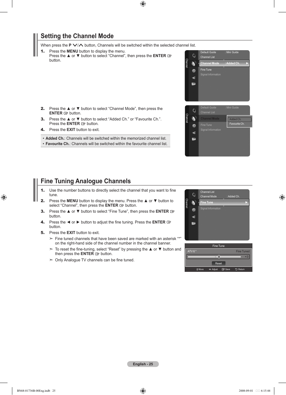 Setting the channel mode, Fine tuning analogue channels | Samsung BN68-01736B-00 User Manual | Page 27 / 81