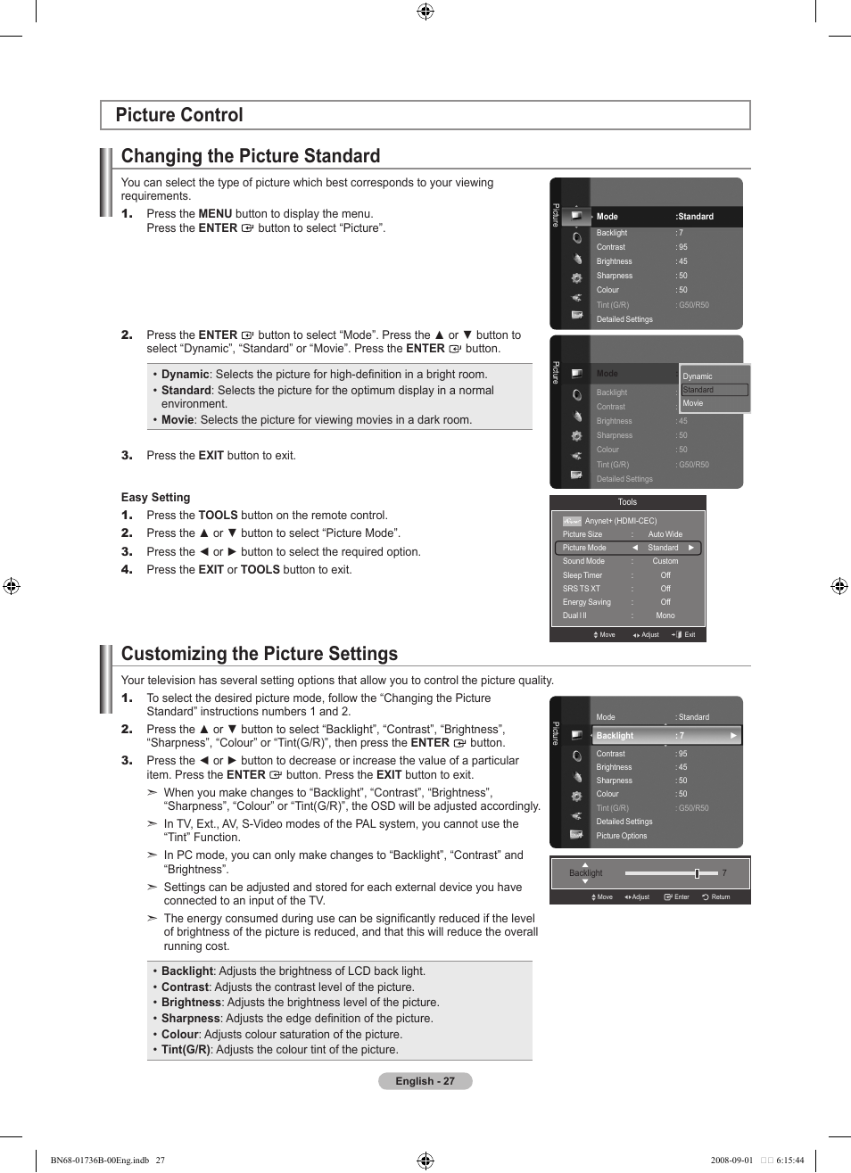 Picture control, Changing the picture standard, Customizing the picture settings | Picture control changing the picture standard | Samsung BN68-01736B-00 User Manual | Page 29 / 81