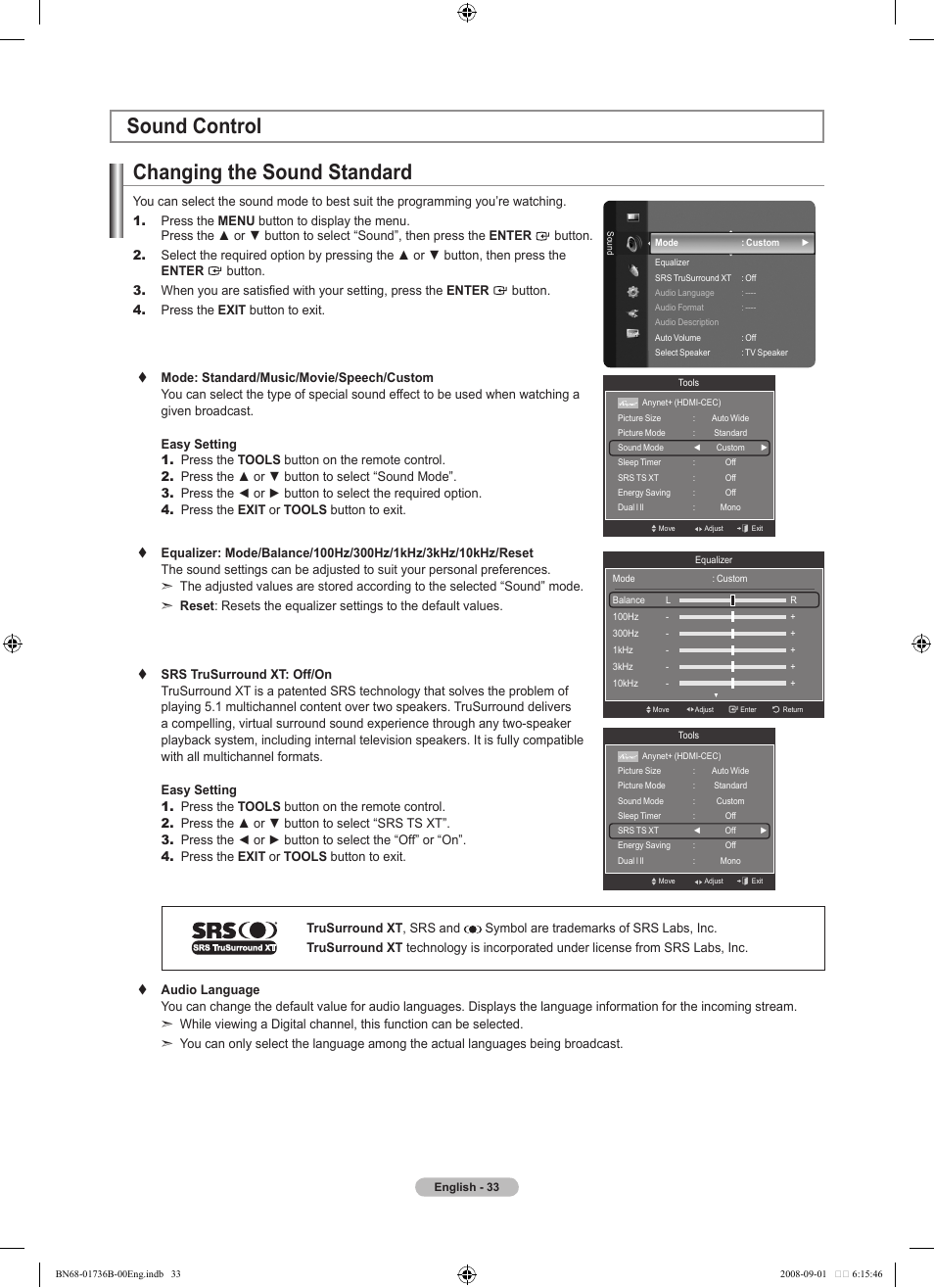 Sound control, Changing the sound standard, Sound control changing the sound standard | Samsung BN68-01736B-00 User Manual | Page 35 / 81