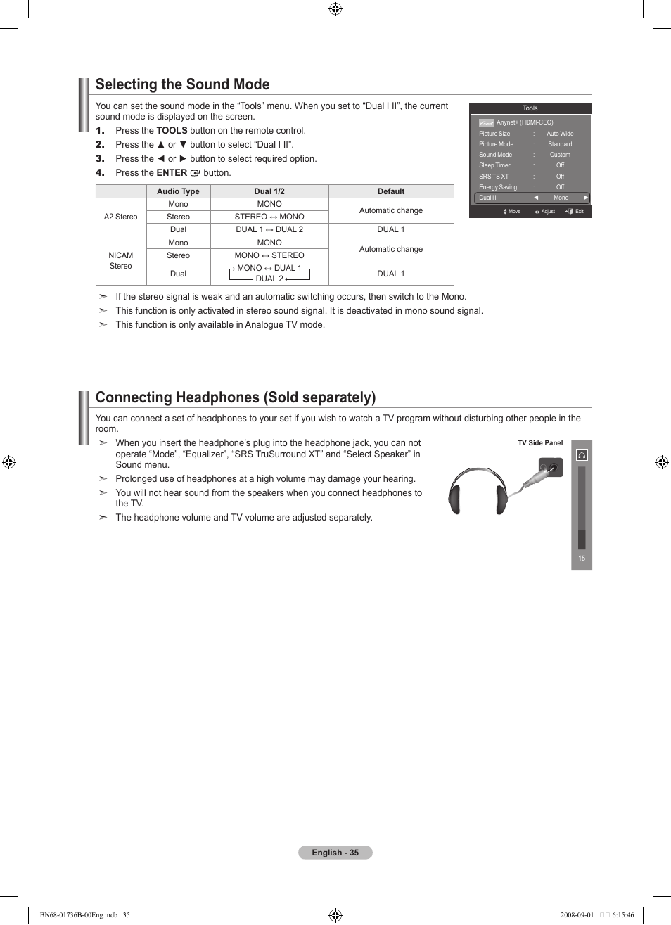 Selecting the sound mode, Connecting headphones (sold separately) | Samsung BN68-01736B-00 User Manual | Page 37 / 81