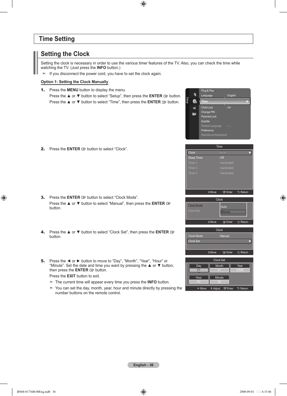 Time setting, Setting the clock | Samsung BN68-01736B-00 User Manual | Page 38 / 81