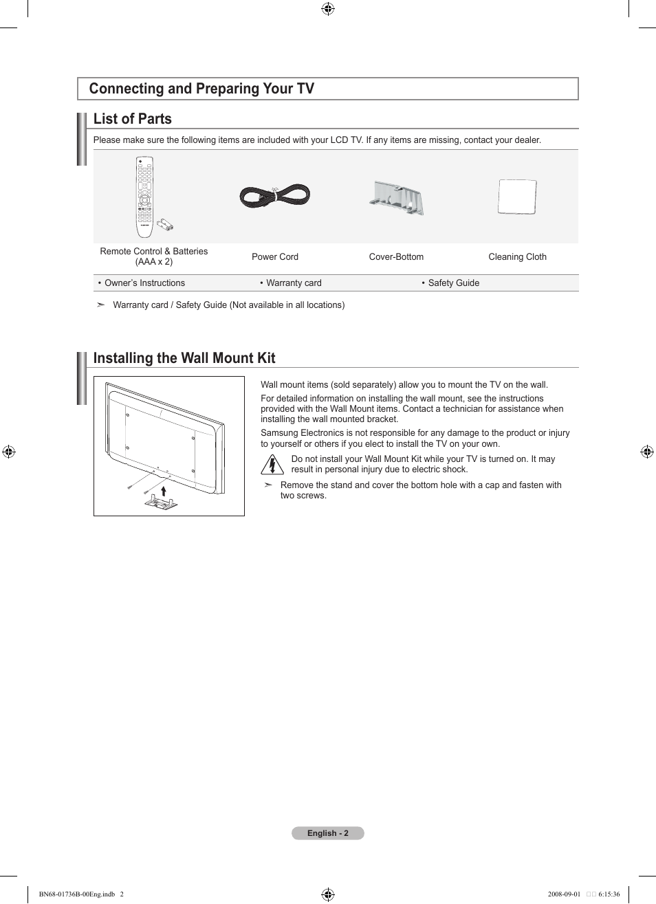 Connecting and preparing your tv, List of parts, Installing the wall mount kit | Samsung BN68-01736B-00 User Manual | Page 4 / 81