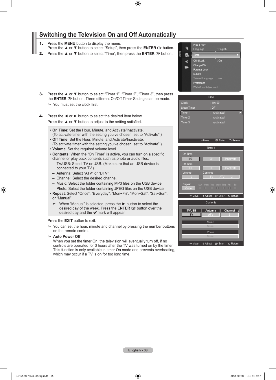 Switching the television on and off automatically | Samsung BN68-01736B-00 User Manual | Page 40 / 81