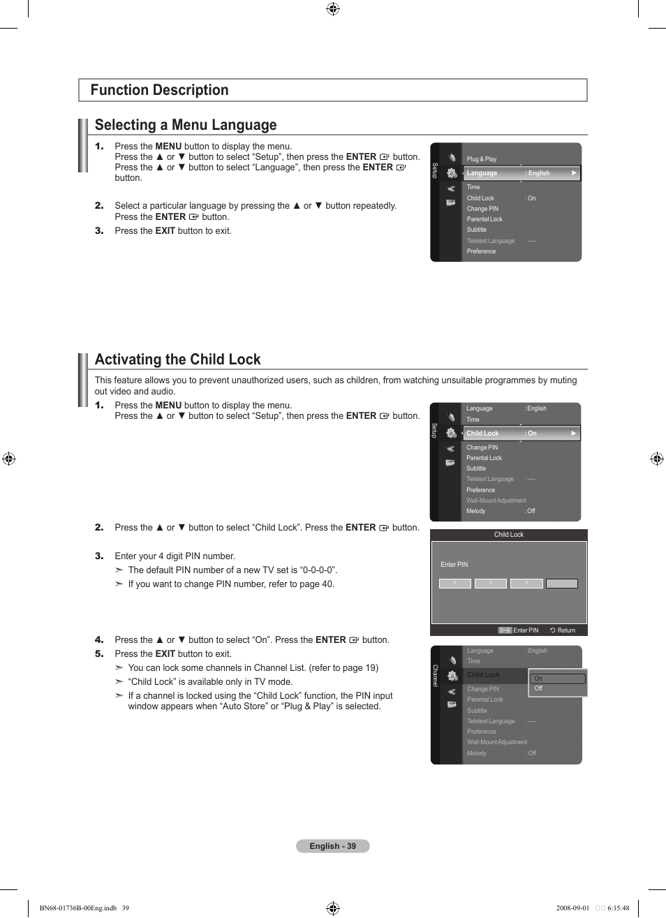 Function description, Selecting a menu language, Activating the child lock | Function description activating the child lock | Samsung BN68-01736B-00 User Manual | Page 41 / 81