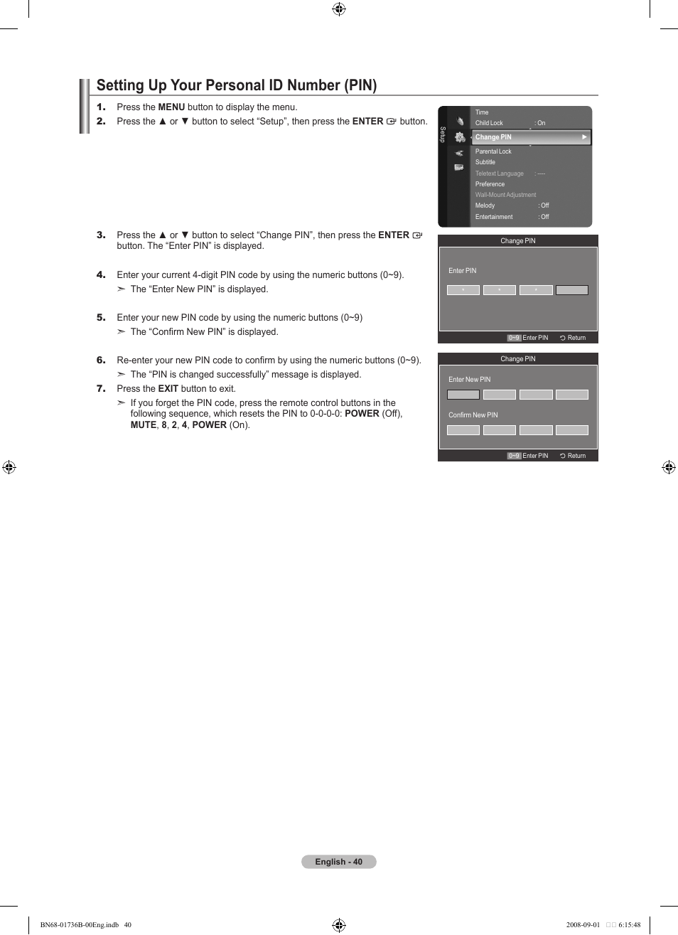 Setting up your personal id number (pin) | Samsung BN68-01736B-00 User Manual | Page 42 / 81