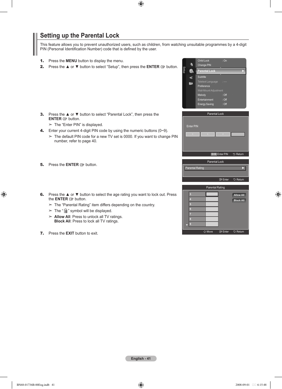 Setting up the parental lock | Samsung BN68-01736B-00 User Manual | Page 43 / 81