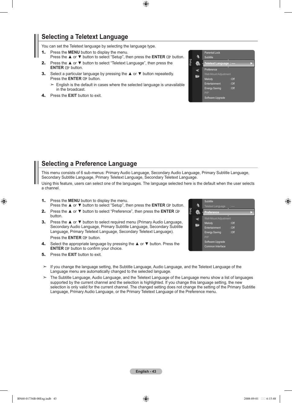 Selecting a teletext language, Selecting a preference language | Samsung BN68-01736B-00 User Manual | Page 45 / 81
