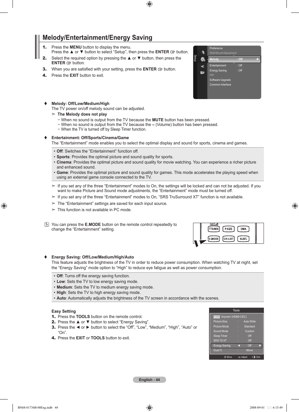Melody/entertainment/energy saving | Samsung BN68-01736B-00 User Manual | Page 46 / 81