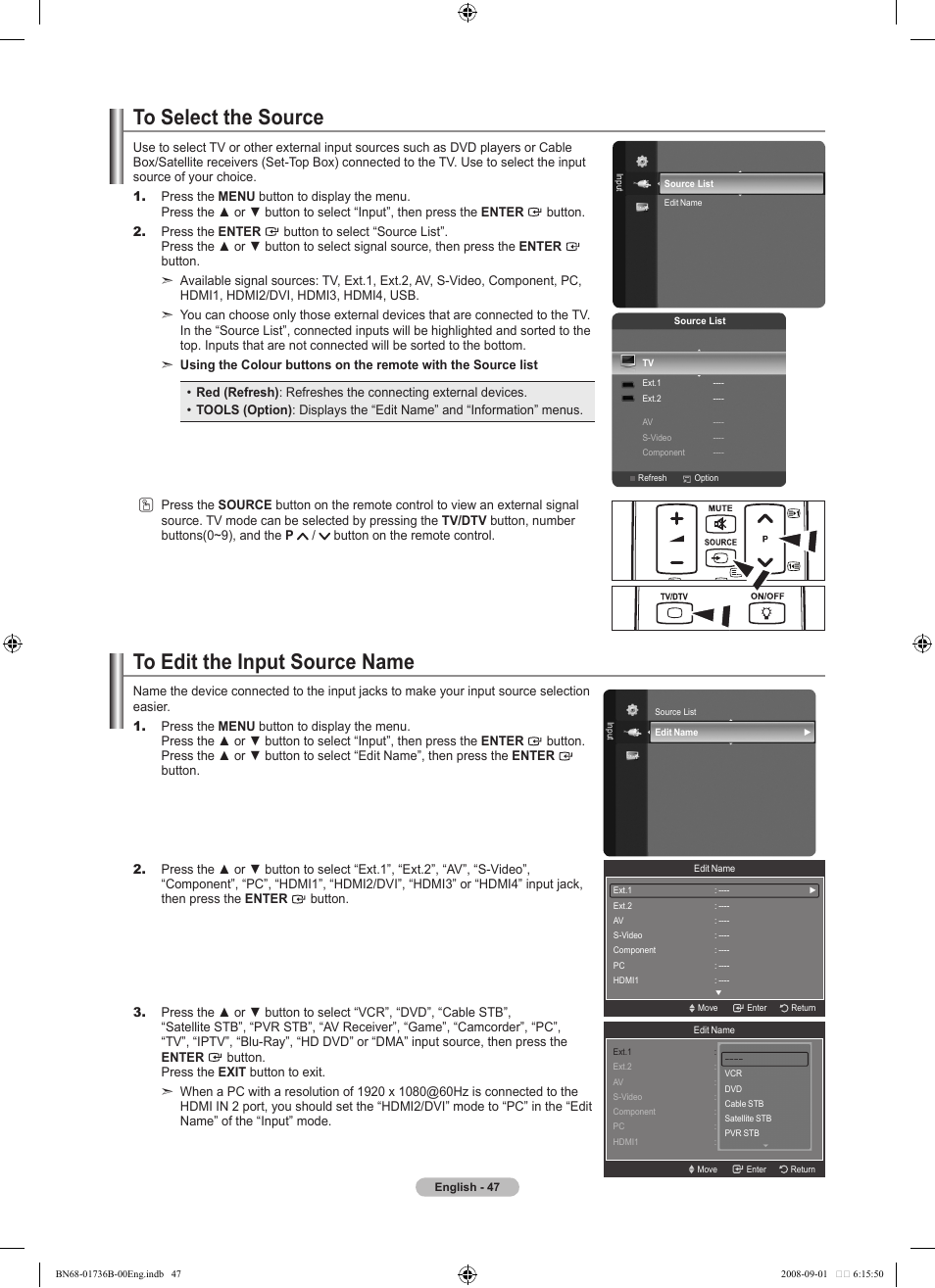 To select the source, To edit the input source name | Samsung BN68-01736B-00 User Manual | Page 49 / 81