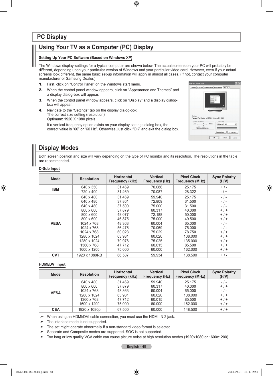 Pc display, Using your tv as a computer (pc) display, Display modes | Pc display display modes | Samsung BN68-01736B-00 User Manual | Page 50 / 81
