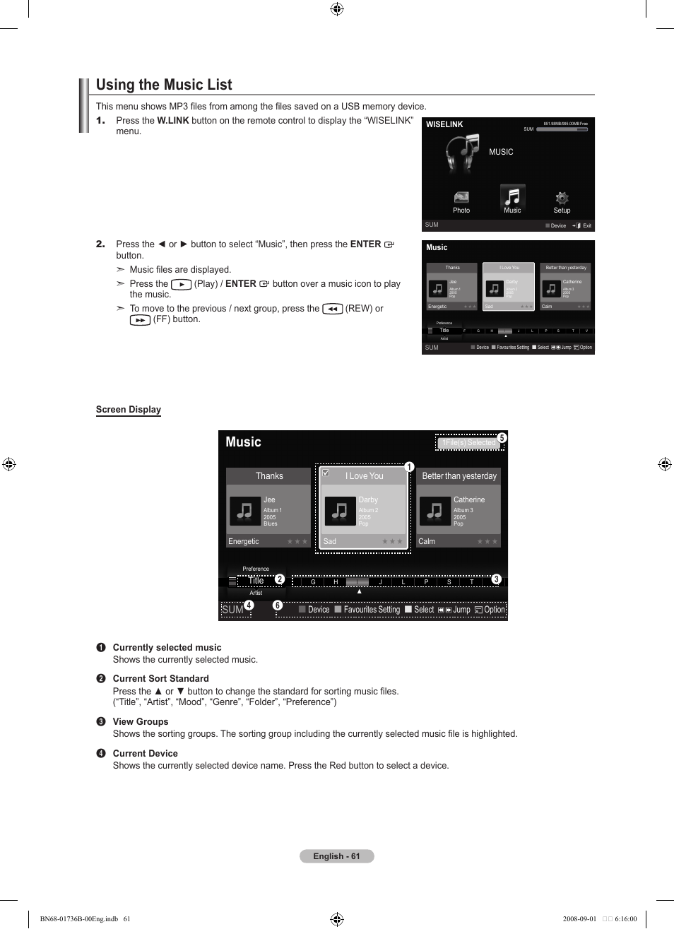 Using the music list, Music, Device  favourites setting  select jump option | Title, I love you, Better than yesterday | Samsung BN68-01736B-00 User Manual | Page 63 / 81