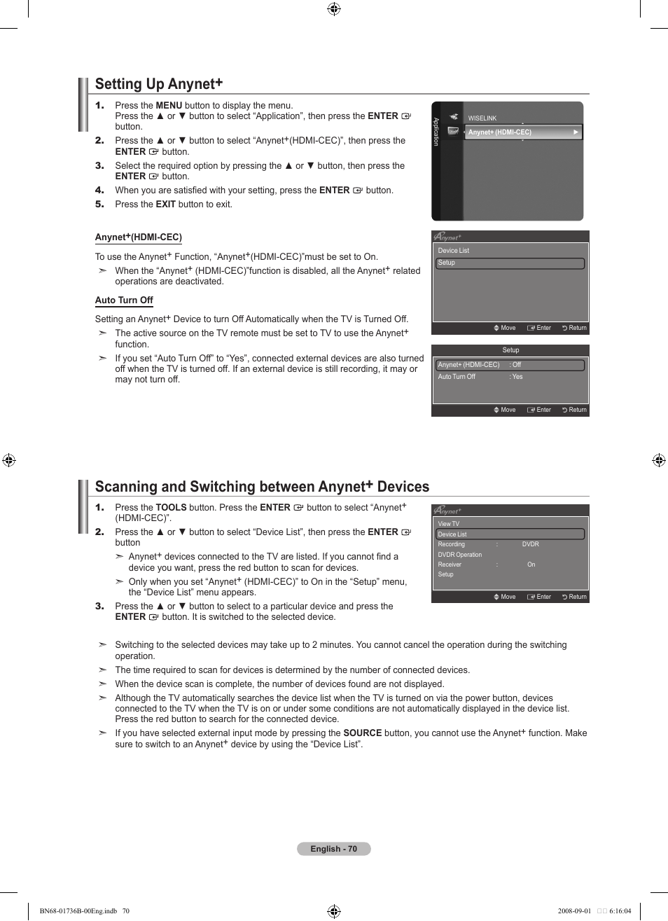 Setting up anynet, Scanning and switching between anynet+ devices | Samsung BN68-01736B-00 User Manual | Page 72 / 81