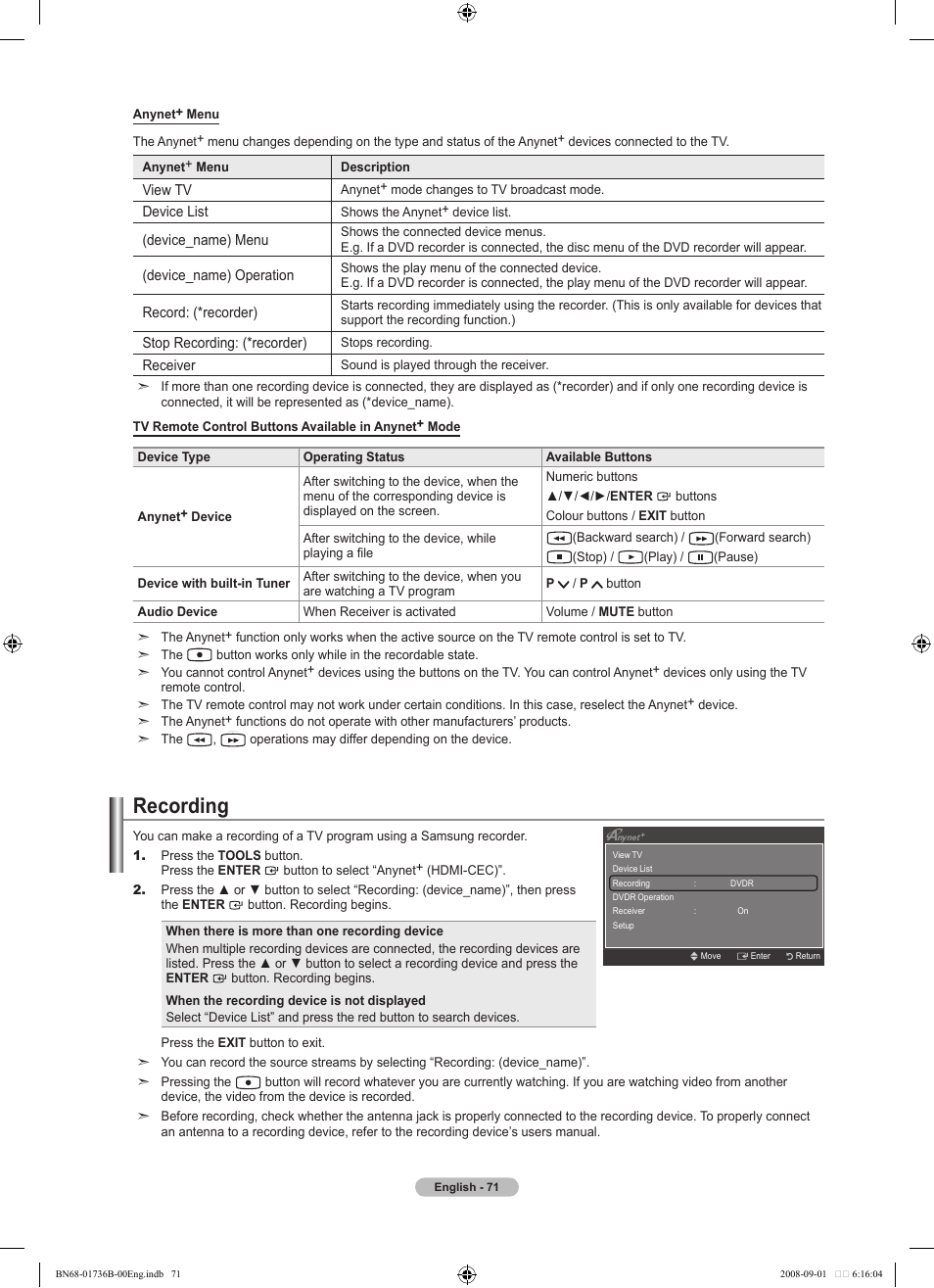 Recording | Samsung BN68-01736B-00 User Manual | Page 73 / 81