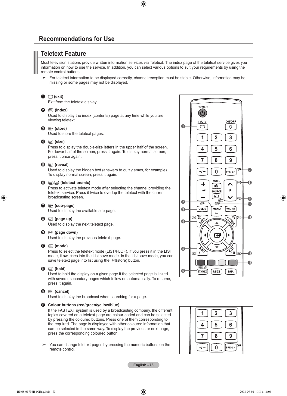 Recommendations for use, Teletext feature, Recommendations for use teletext feature | Samsung BN68-01736B-00 User Manual | Page 75 / 81