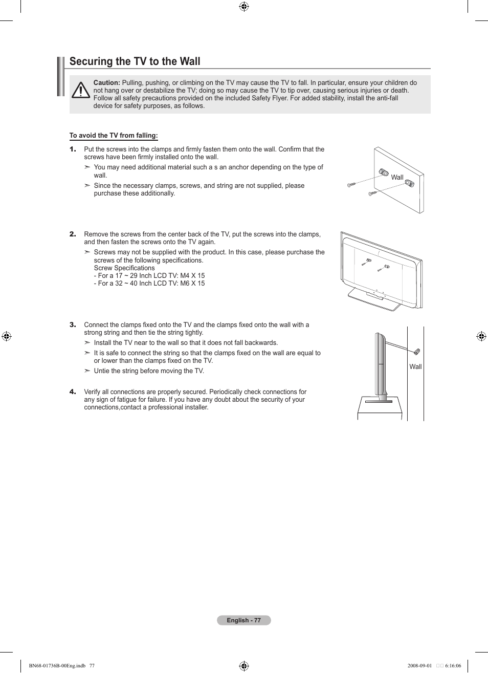 Securing the tv to the wall, 경고 주의 경고 주의 | Samsung BN68-01736B-00 User Manual | Page 79 / 81