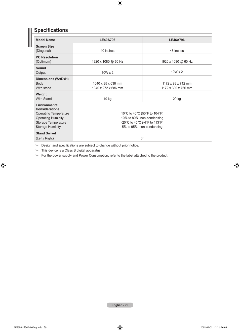 Specifications | Samsung BN68-01736B-00 User Manual | Page 81 / 81