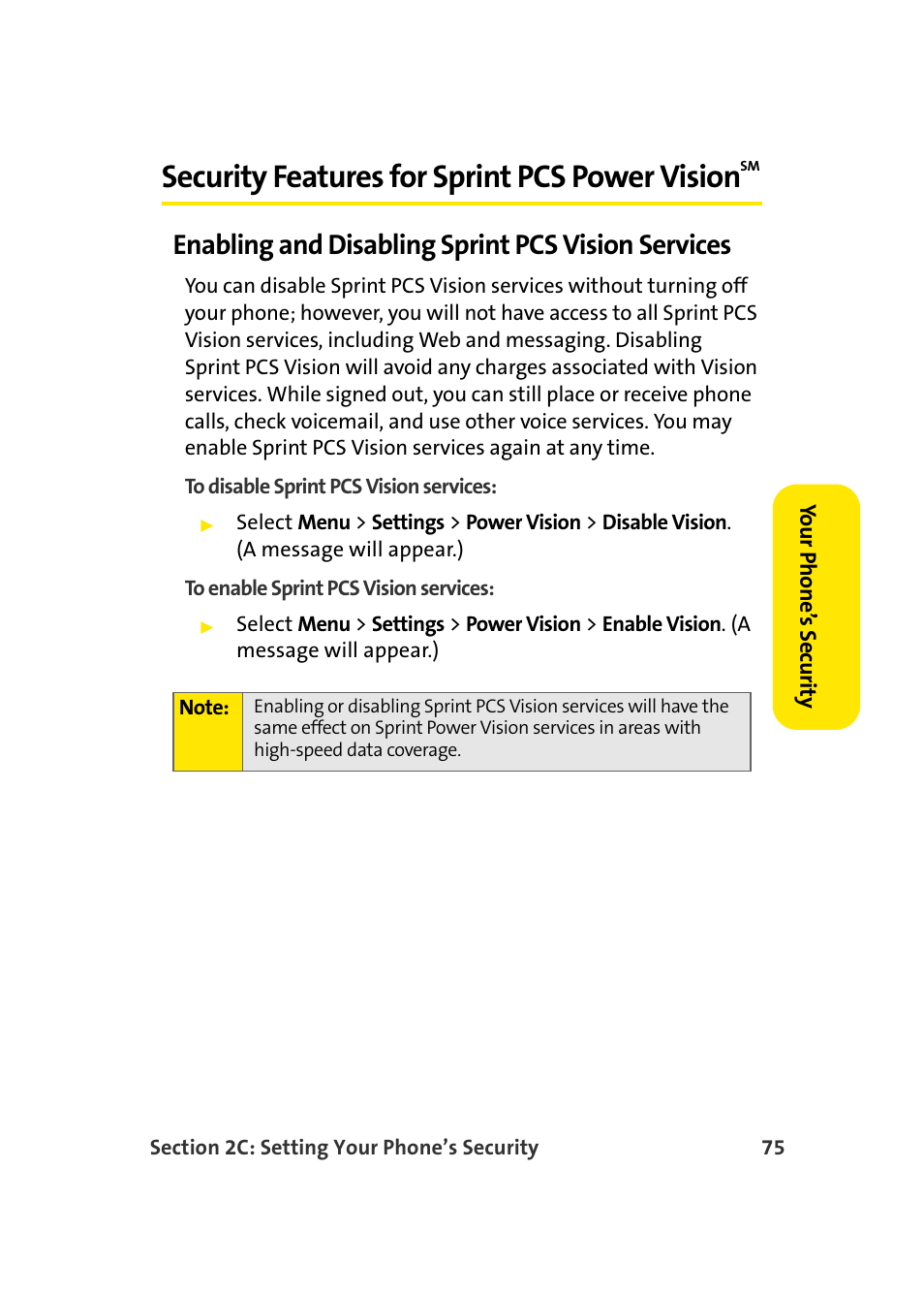 Security features for sprint pcs power visionsm, Enabling and disabling sprint pcs vision services, Security features for sprint pcs power vision | Samsung MM-A940 User Manual | Page 101 / 287