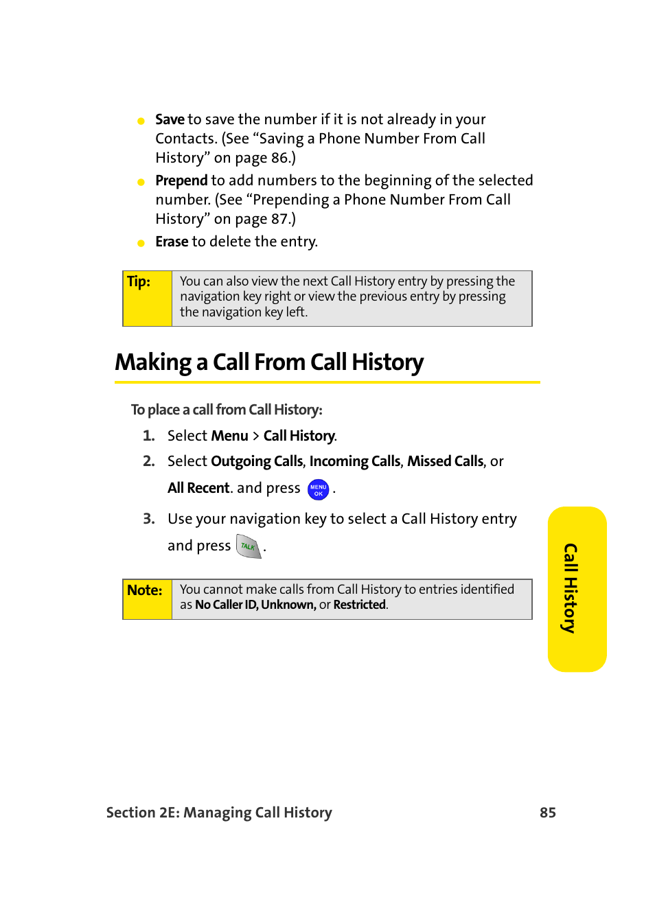 Making a call from call history, Ca ll his tor y | Samsung MM-A940 User Manual | Page 111 / 287
