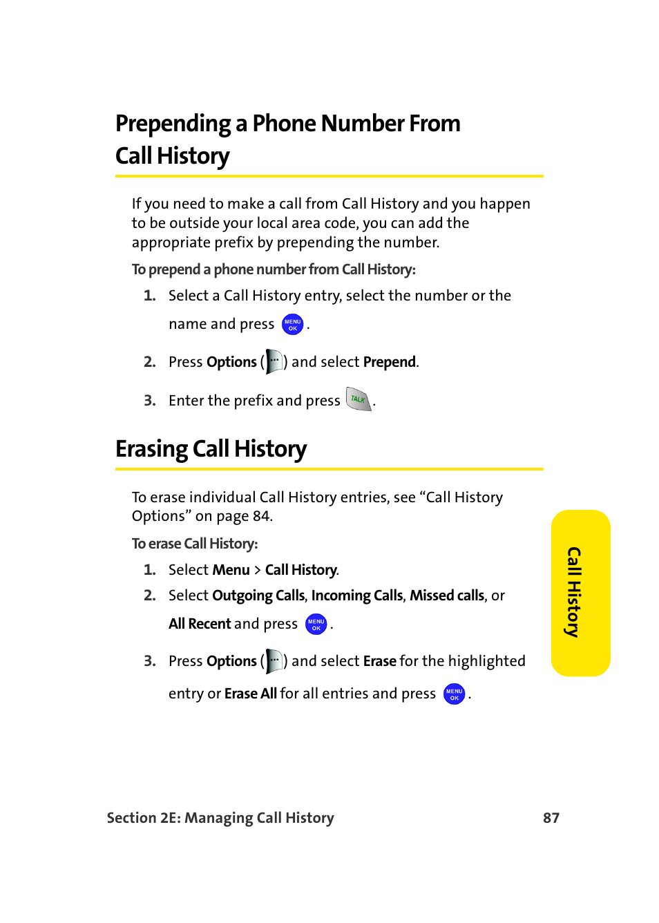 Prepending a phone number from call history, Erasing call history | Samsung MM-A940 User Manual | Page 113 / 287