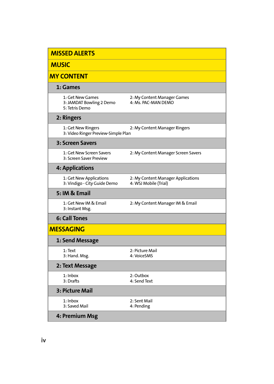 Missed alerts music my content, Messaging, Games | Ringers, Screen savers, Applications, Im & email, Call tones, Send message, Text message | Samsung MM-A940 User Manual | Page 12 / 287