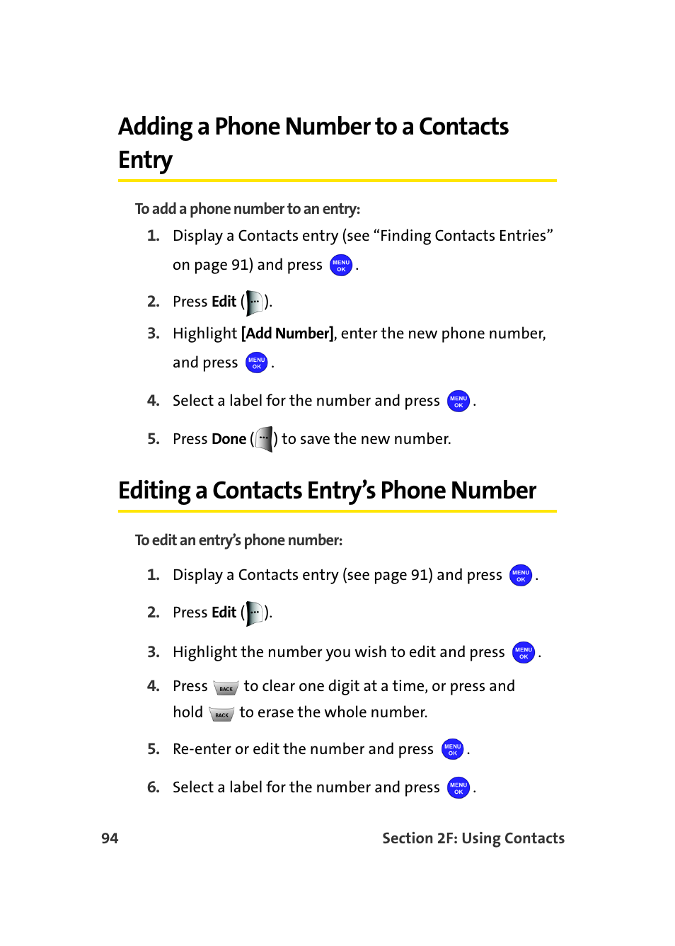 Adding a phone number to a contacts entry, Editing a contacts entry’s phone number | Samsung MM-A940 User Manual | Page 120 / 287