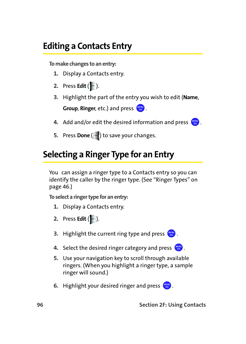 Editing a contacts entry, Selecting a ringer type for an entry | Samsung MM-A940 User Manual | Page 122 / 287