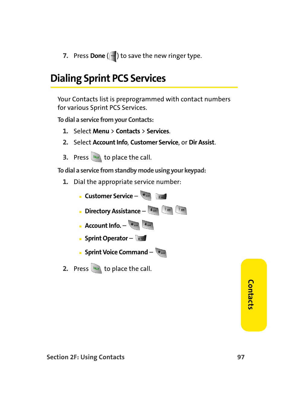 Dialing sprint pcs services, Co n ta ct s | Samsung MM-A940 User Manual | Page 123 / 287