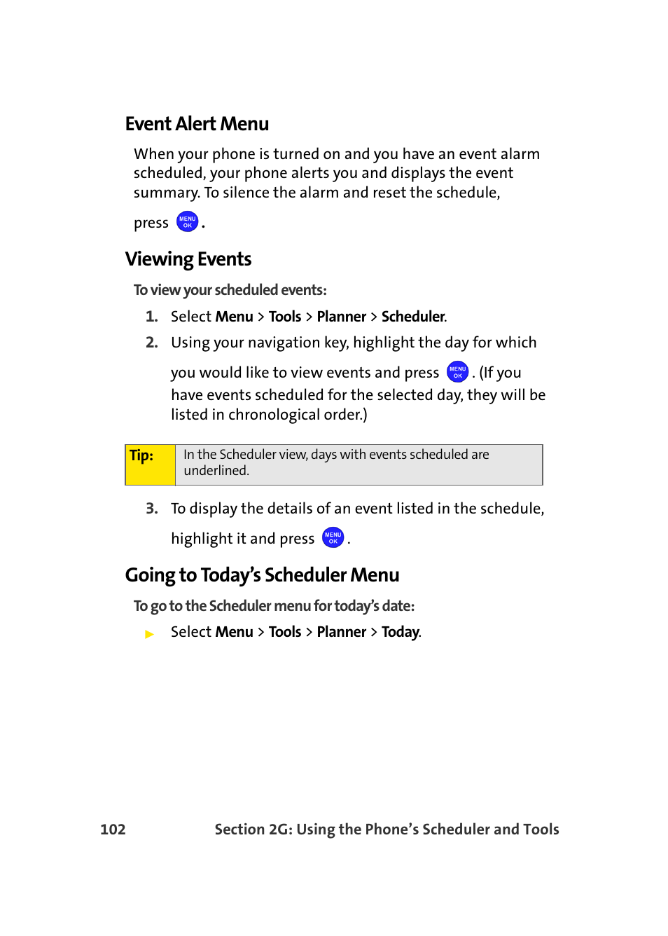 Event alert menu, Viewing events, Going to today’s scheduler menu | Samsung MM-A940 User Manual | Page 128 / 287