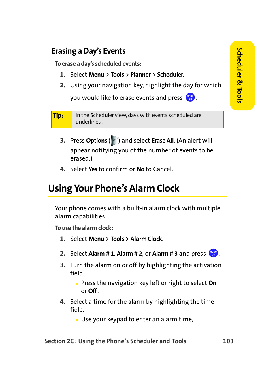 Erasing a day’s events, Using your phone’s alarm clock | Samsung MM-A940 User Manual | Page 129 / 287