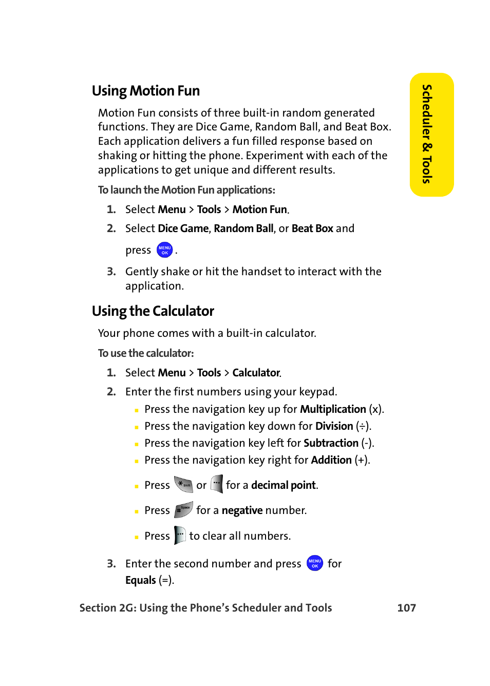 Using motion fun, Using the calculator, Scheduler & to ols | Samsung MM-A940 User Manual | Page 133 / 287