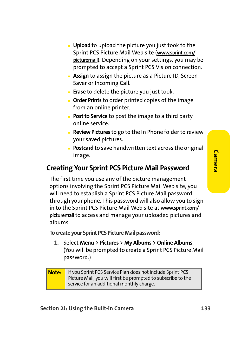 Creating your sprint pcs picture mail password, Ca m e ra | Samsung MM-A940 User Manual | Page 159 / 287