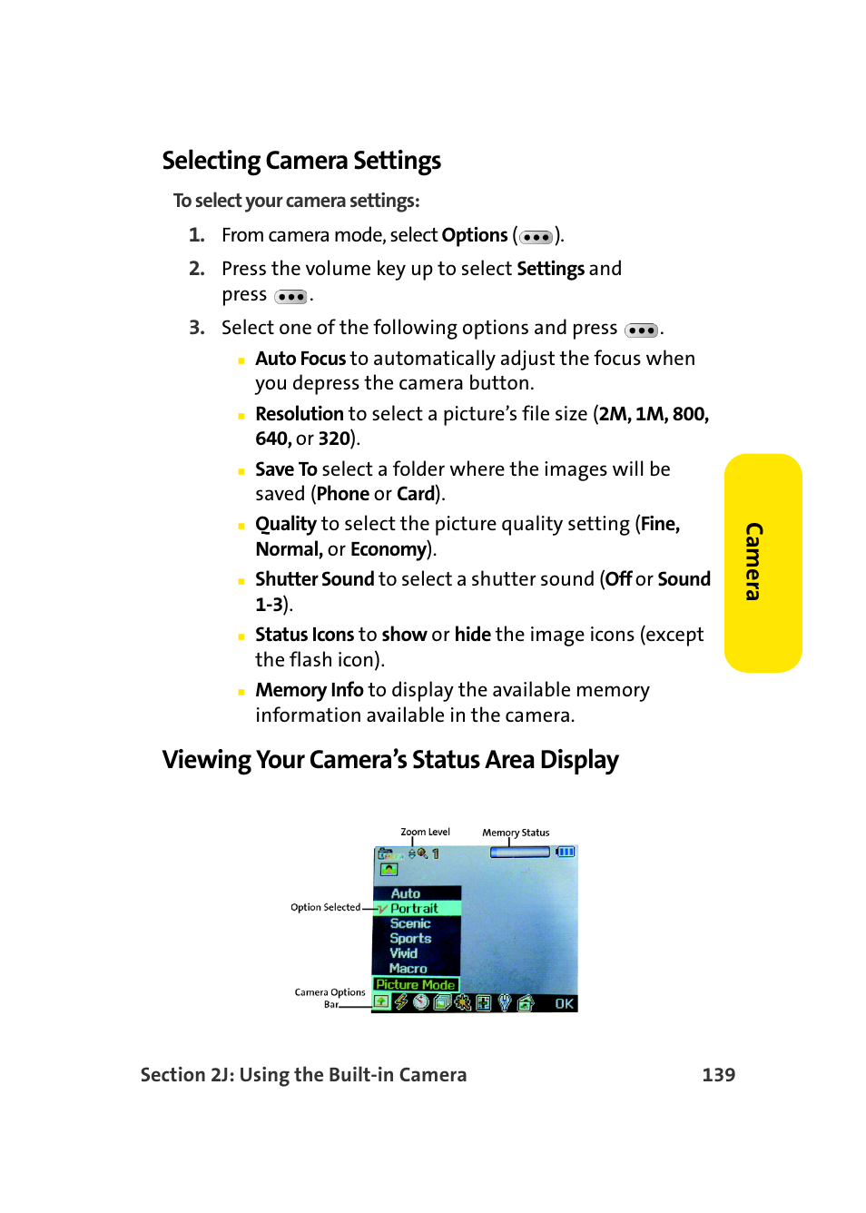 Selecting camera settings, Viewing your camera’s status area display, Ca m e ra | Samsung MM-A940 User Manual | Page 165 / 287