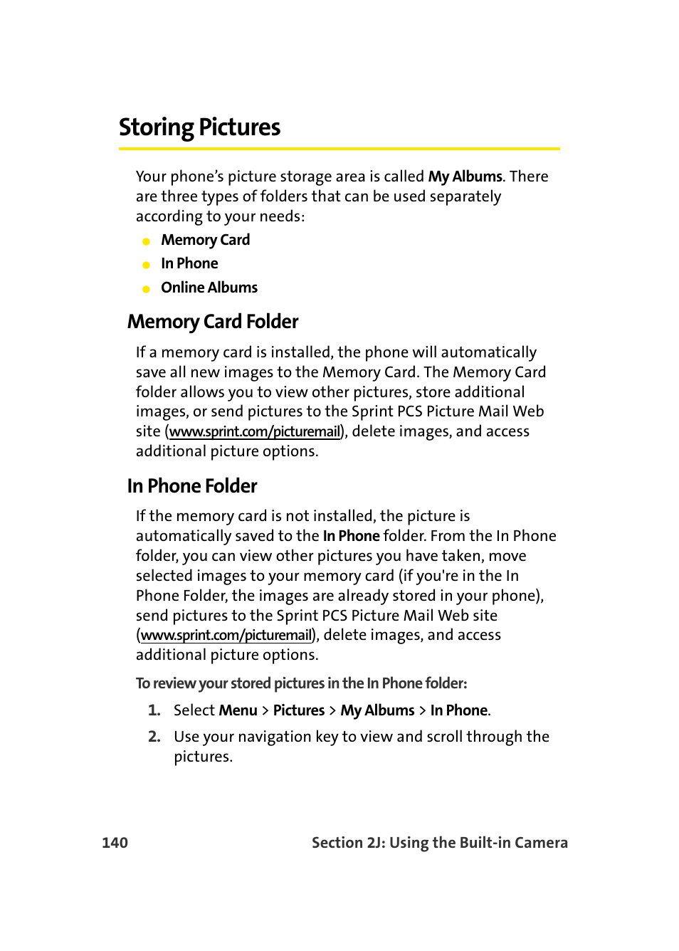 Storing pictures, Memory card folder, In phone folder | Samsung MM-A940 User Manual | Page 166 / 287